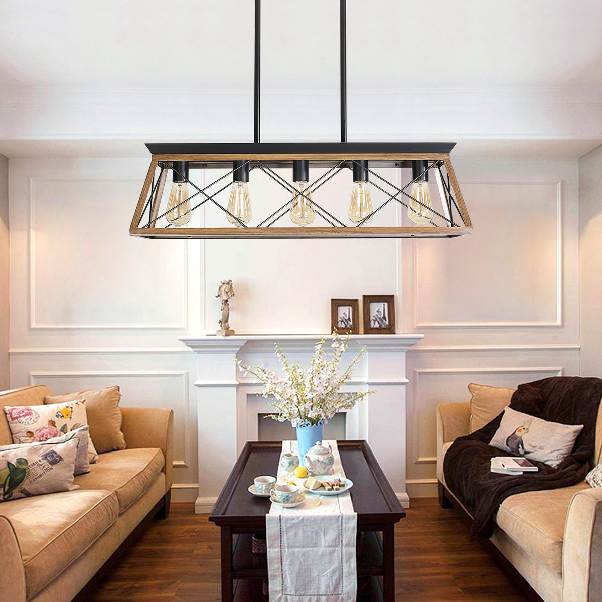 Rectangular 5-light chandelier with black frame and walnut details centered above coffee table