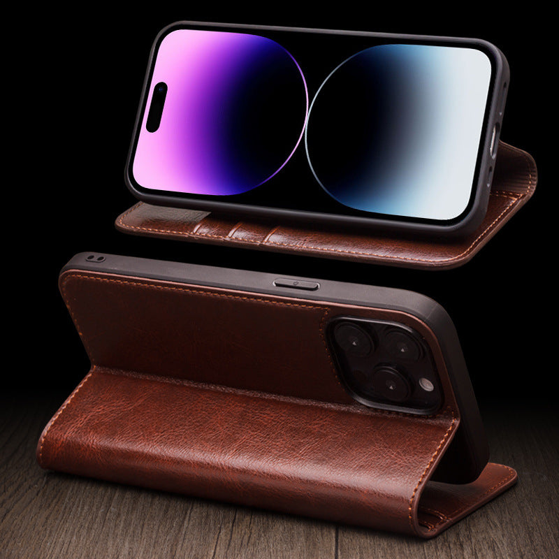 Brown leather wallet flip case with open cover and camera opening
