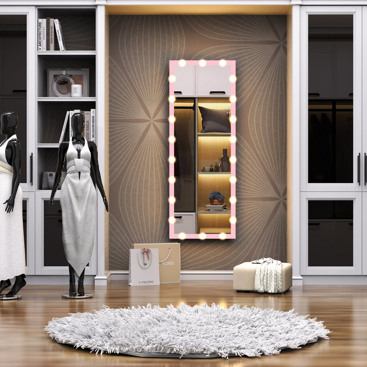 Pink Hollywood illuminated full-body floor mirror with LED light frame