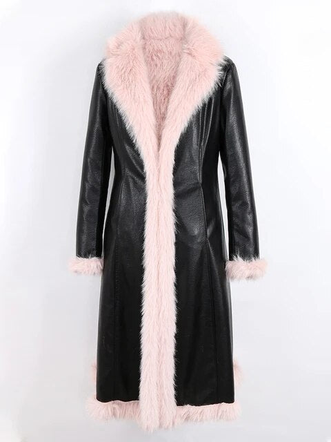 Front view long black PU leather coat with pink faux fur collar and fluffy hem trim