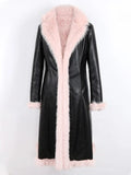 Front view long black PU leather coat with pink faux fur collar and fluffy hem trim