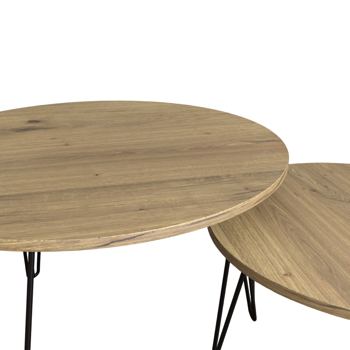 Close-up of round nesting table tops: light brown wood surface with black metal leg frames