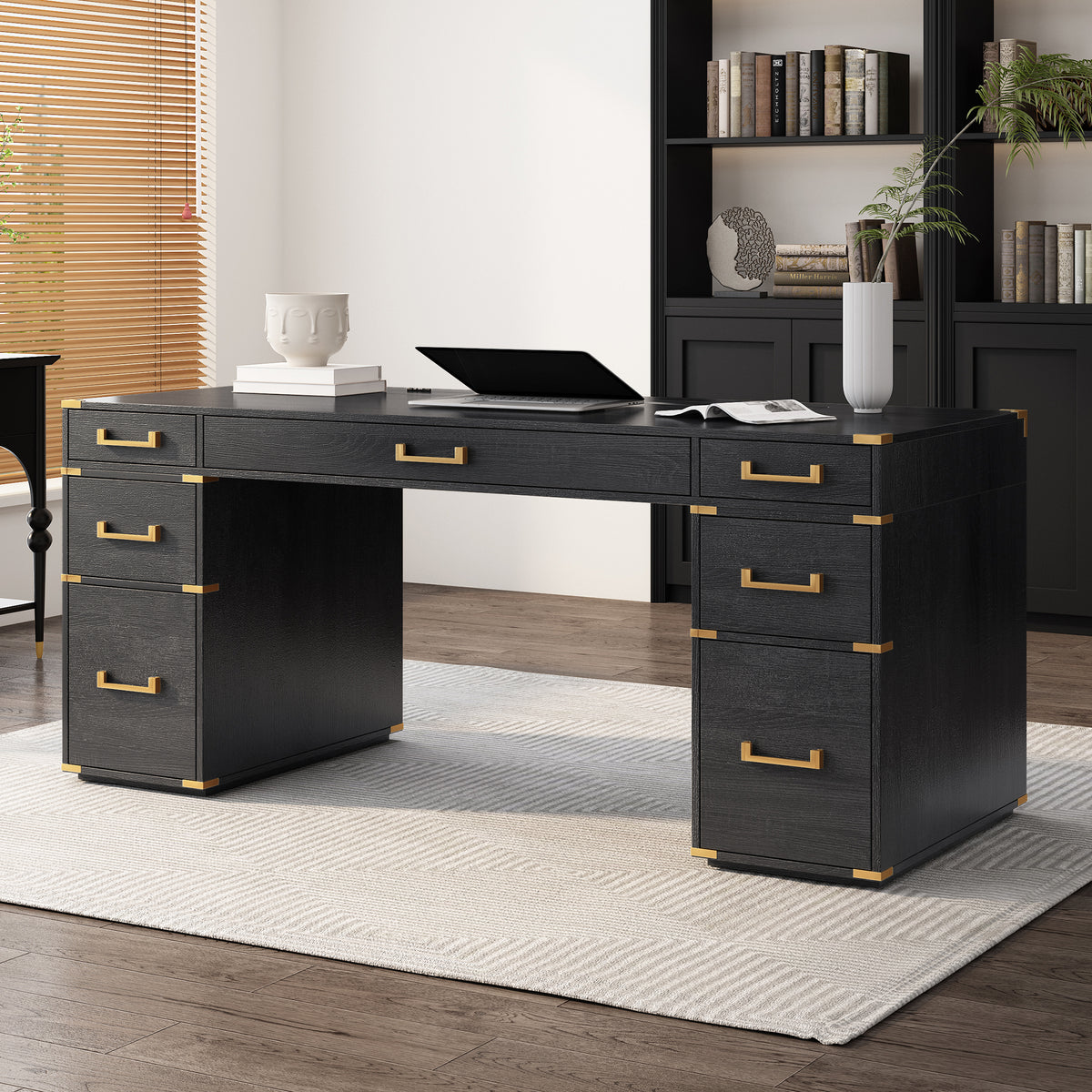 Black executive desk with end cabinets, gold drawer pulls, and a cable-ready tabletop.
