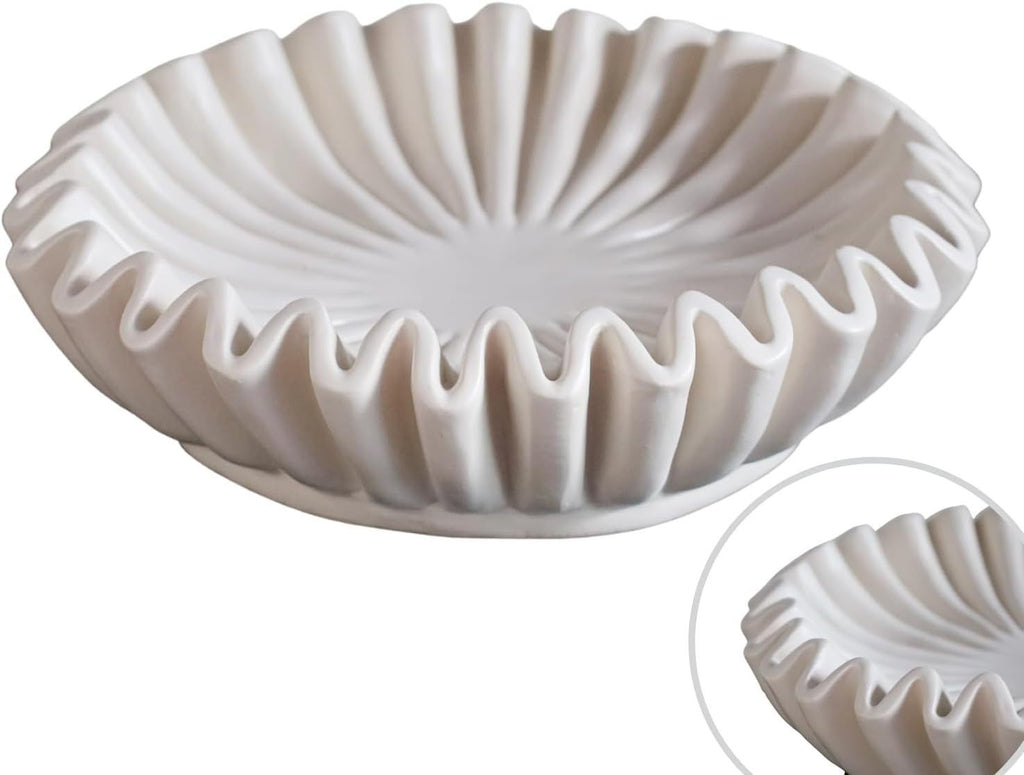 White fluted scallop decorative bowl with lotus-leaf ridged edge