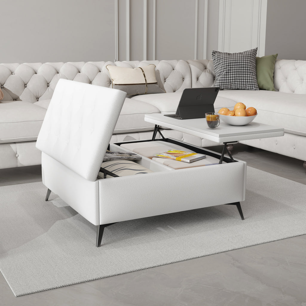 White tufted storage ottoman with open hinged lid and interior storage compartment