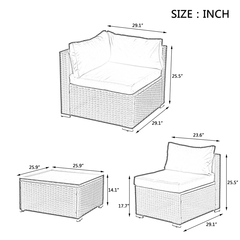 Wicker outdoor corner chair size diagram with seat cushion