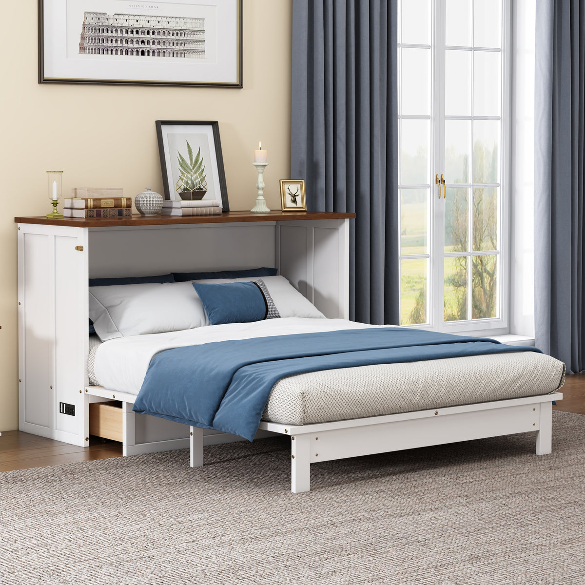 White murphy bed chest with walnut top, open bed compartment, and visible drawer fronts.