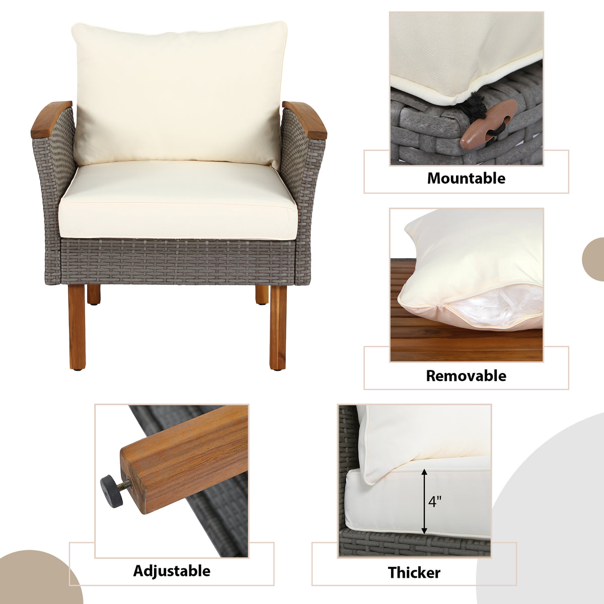 Rattan armchair with beige cushion and dark woven frame on wooden legs