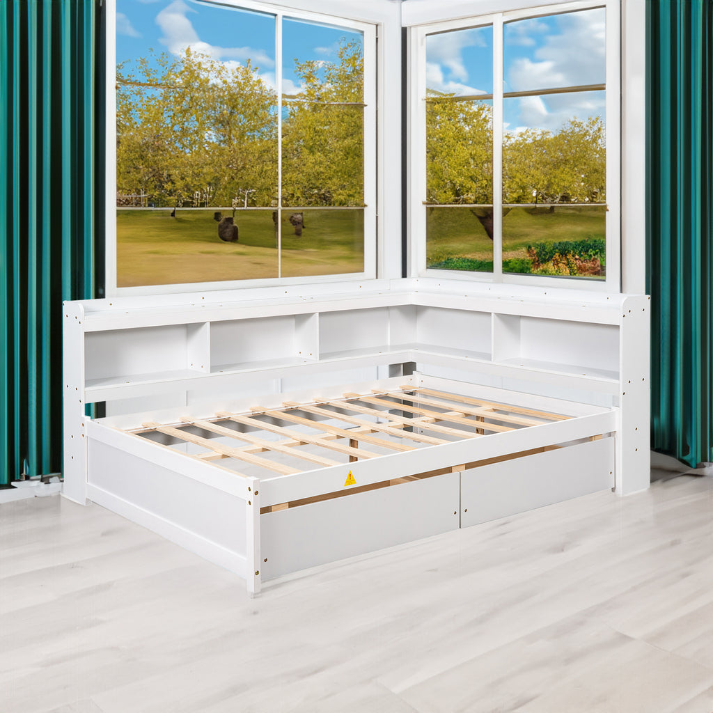 White bed frame with L-shaped bookcase panels and slatted mattress base