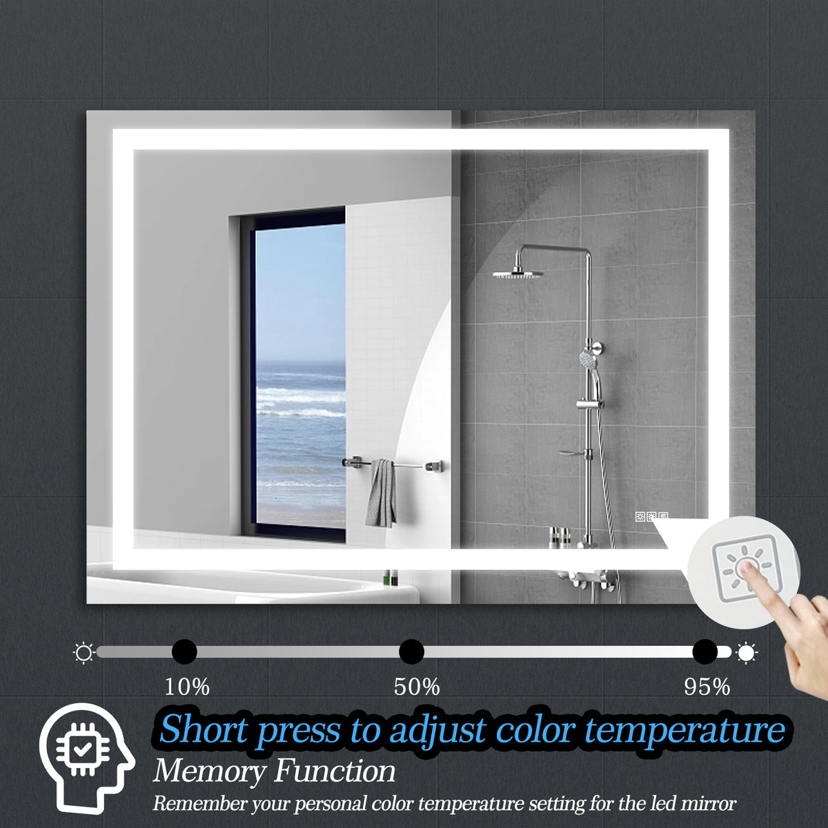 LED bathroom vanity mirror with glowing frame and touch dimmer controls