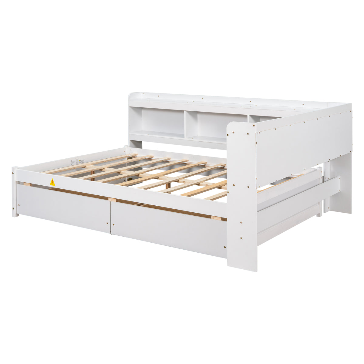White full bed frame with open drawers, light wood slats, and side storage
