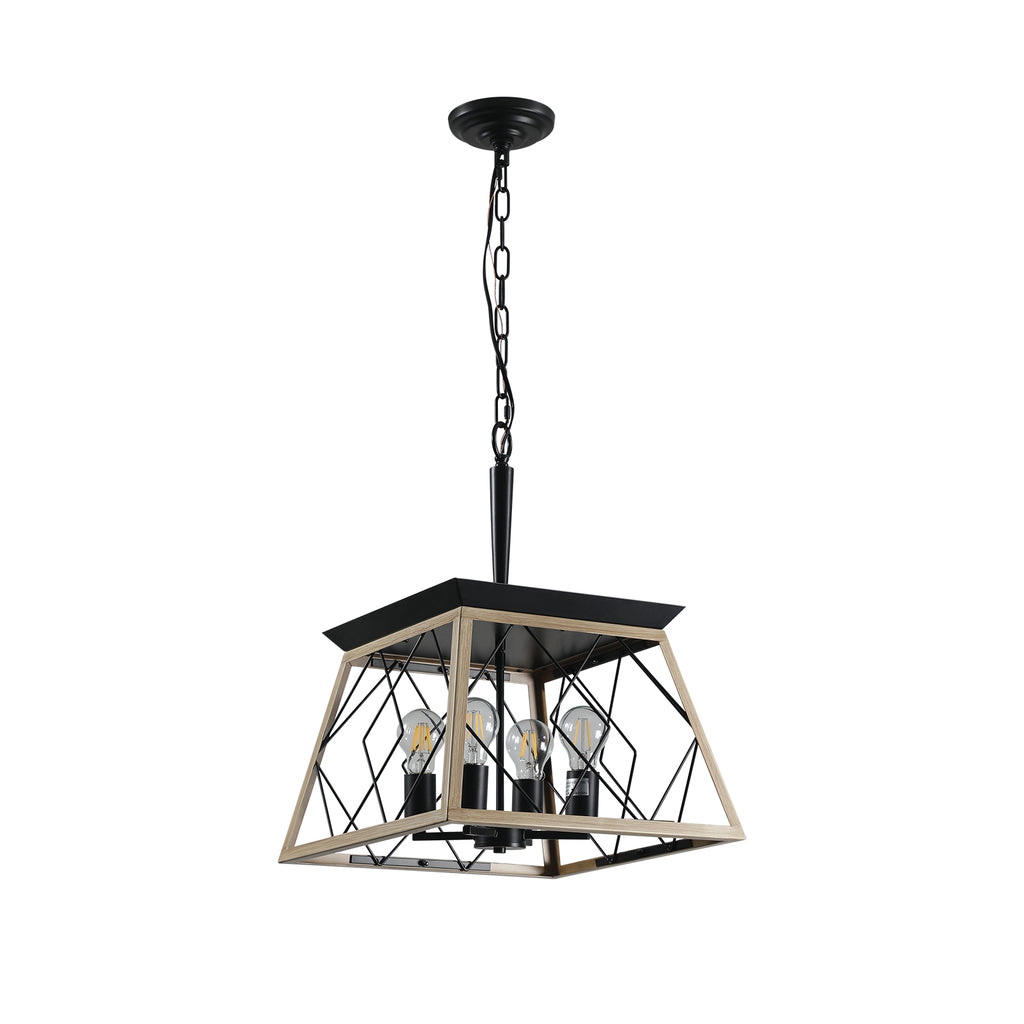 Geometric 4-light farmhouse chandelier with black canopy and wire cage, hanging chain.