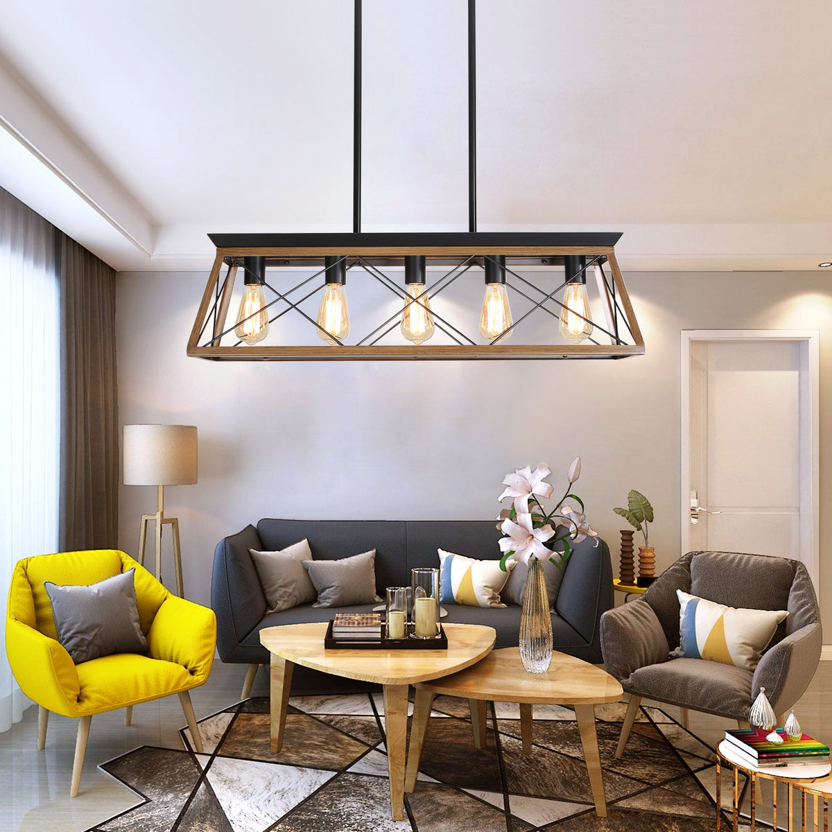 Rectangular 5-light chandelier with black frame and glowing exposed bulbs in living room