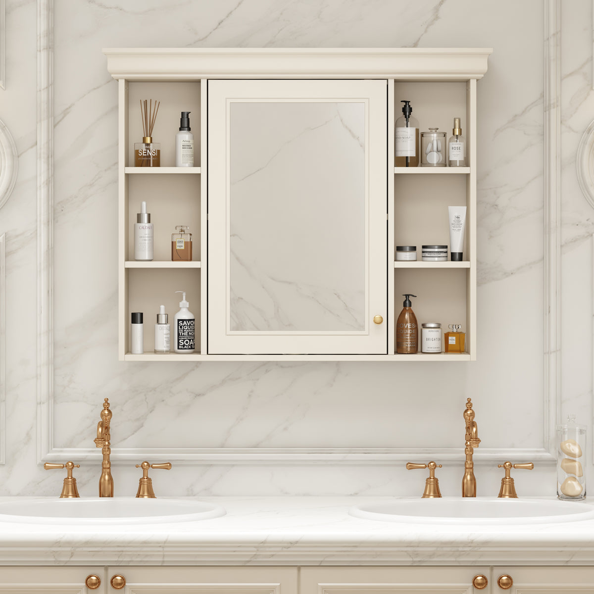 Cream bathroom wall cabinet with center mirror door and storage compartments on both sides