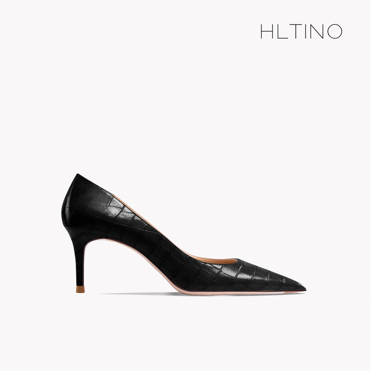 Black pointed-toe pump with thin stiletto heel, glossy patent leather and croc texture