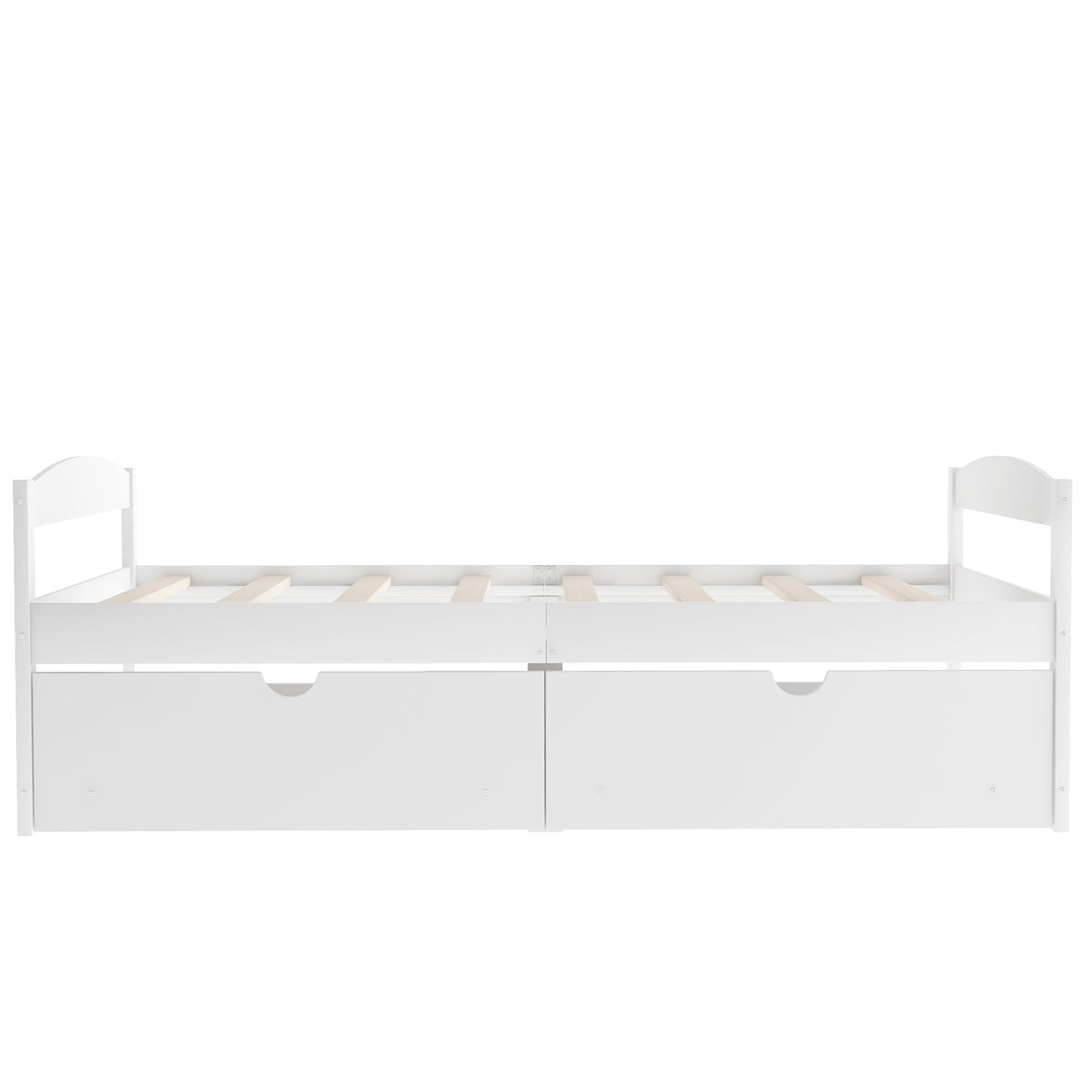 White twin platform bed with center post and two under-drawers, front view