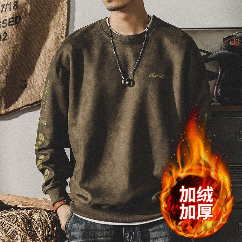 Men's suede-look crewneck sweatshirt, olive-brown, ribbed hem and long sleeves