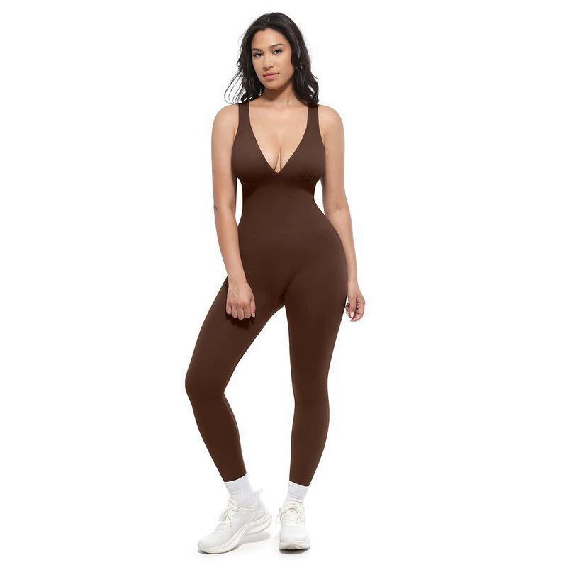 Coffee-brown women's V-neck sleeveless jumpsuit with tapered long legs, full-body front view
