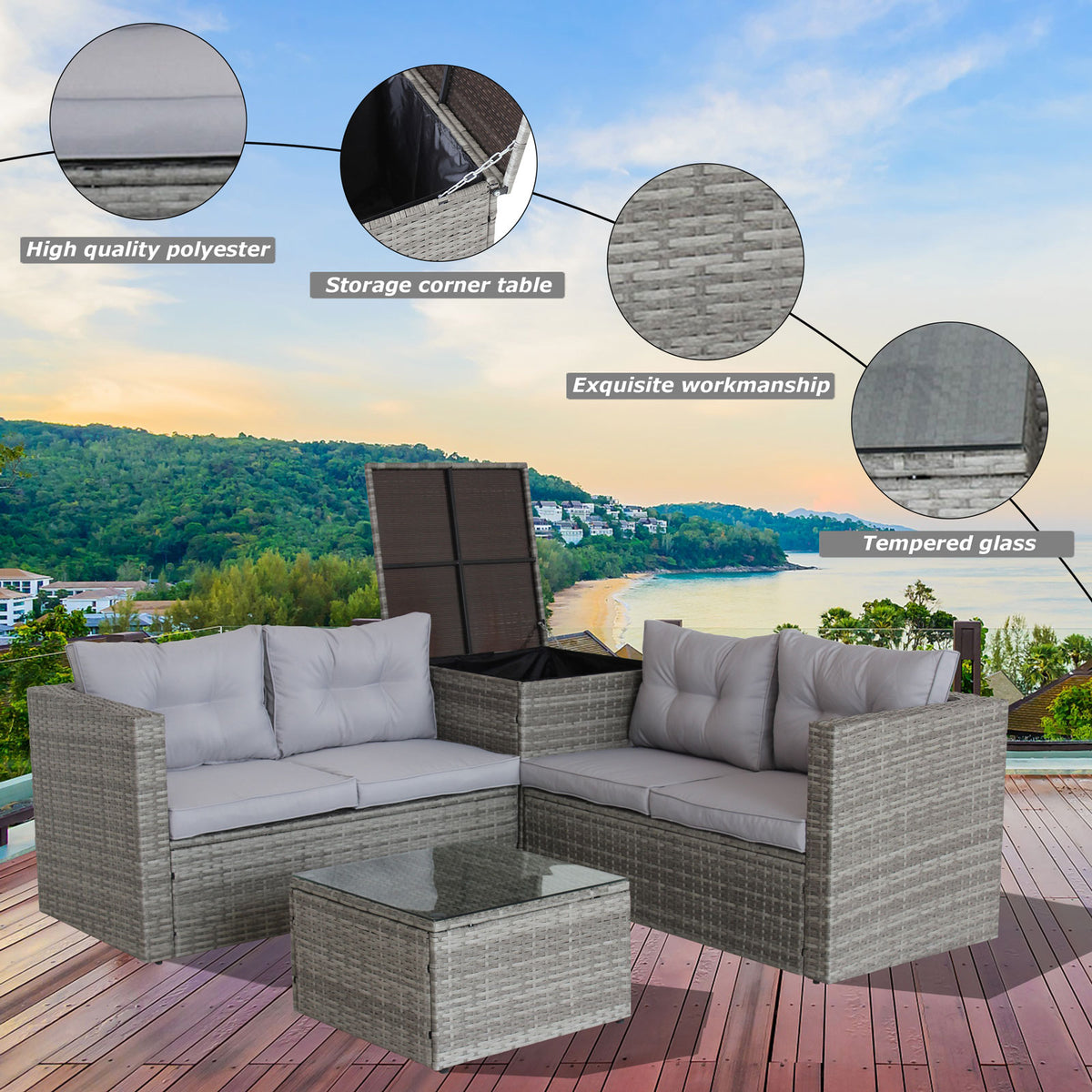 Grey wicker patio sectional sofa with light cushions and glass-top storage corner table details