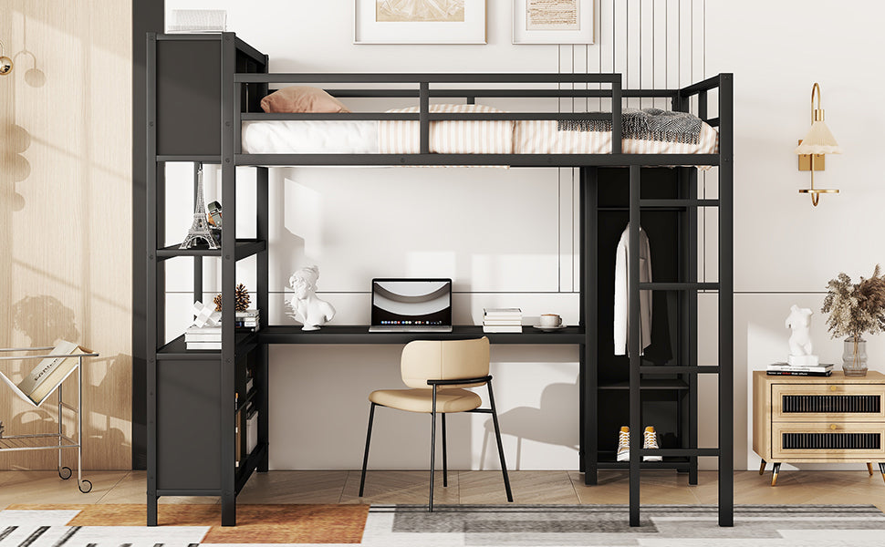Black metal full-size loft bed with desk shelf, closet section, and ladder-side storage