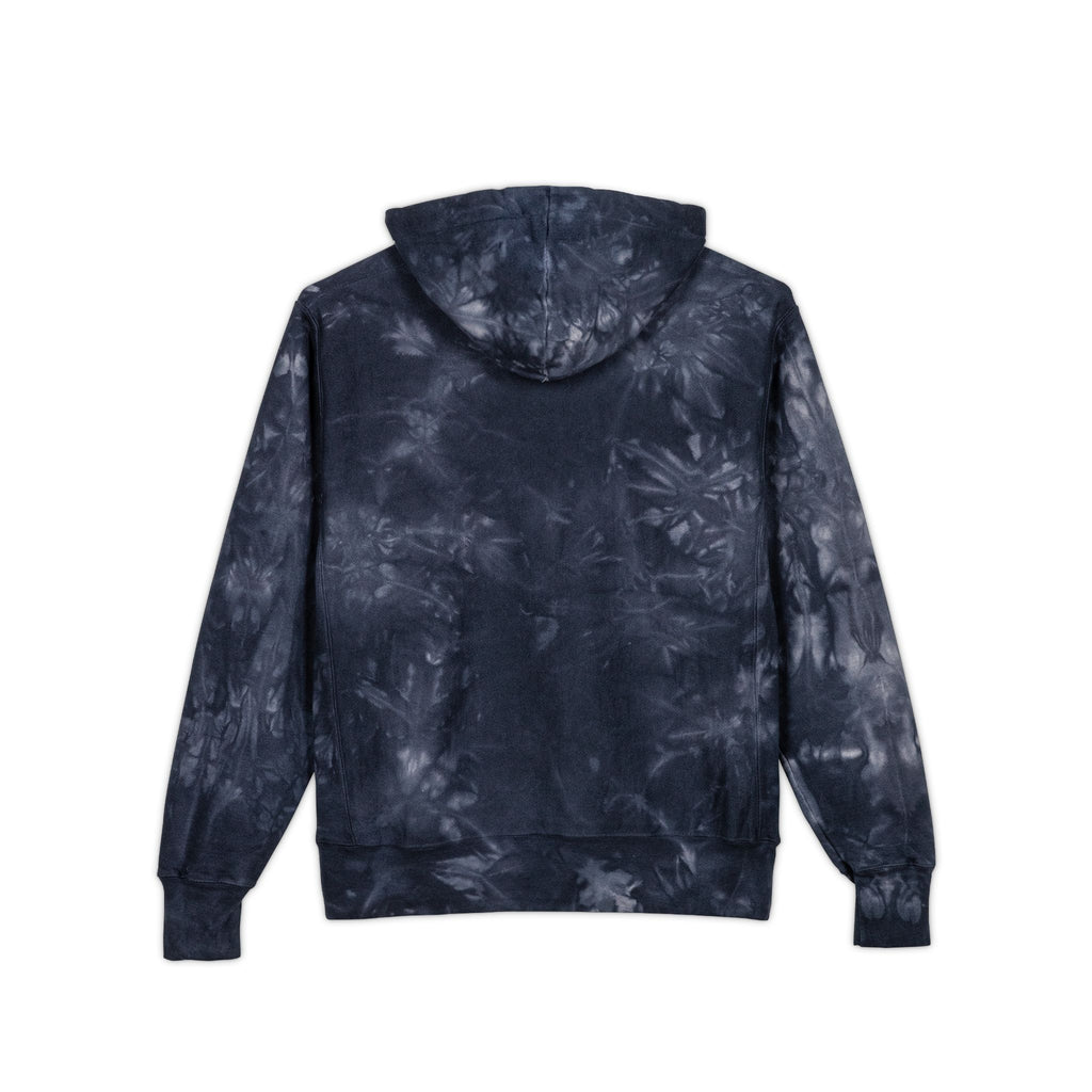Navy tie-dye hoodie, back view with drawstring hood and ribbed cuffs