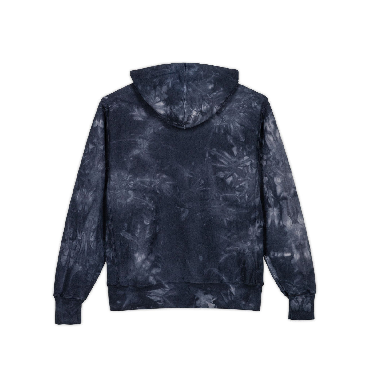 Navy tie-dye hoodie, back view with drawstring hood and ribbed cuffs