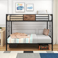 Black metal twin-over-twin bunk bed with ladder, twin mattresses, and full guardrails