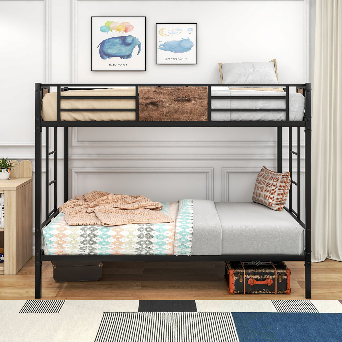 Black metal twin-over-twin bunk bed with ladder, twin mattresses, and full guardrails
