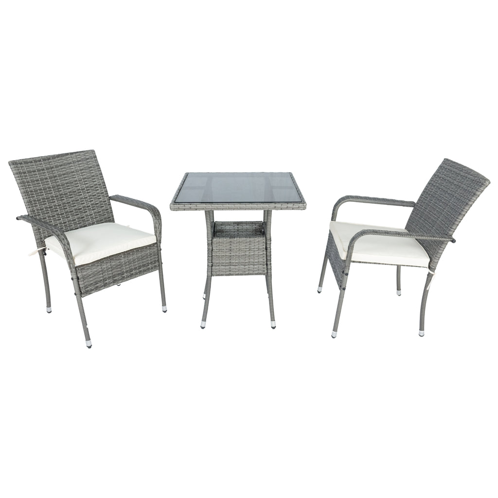 3-piece grey wicker patio set with two armchairs, white cushions, and square glass table