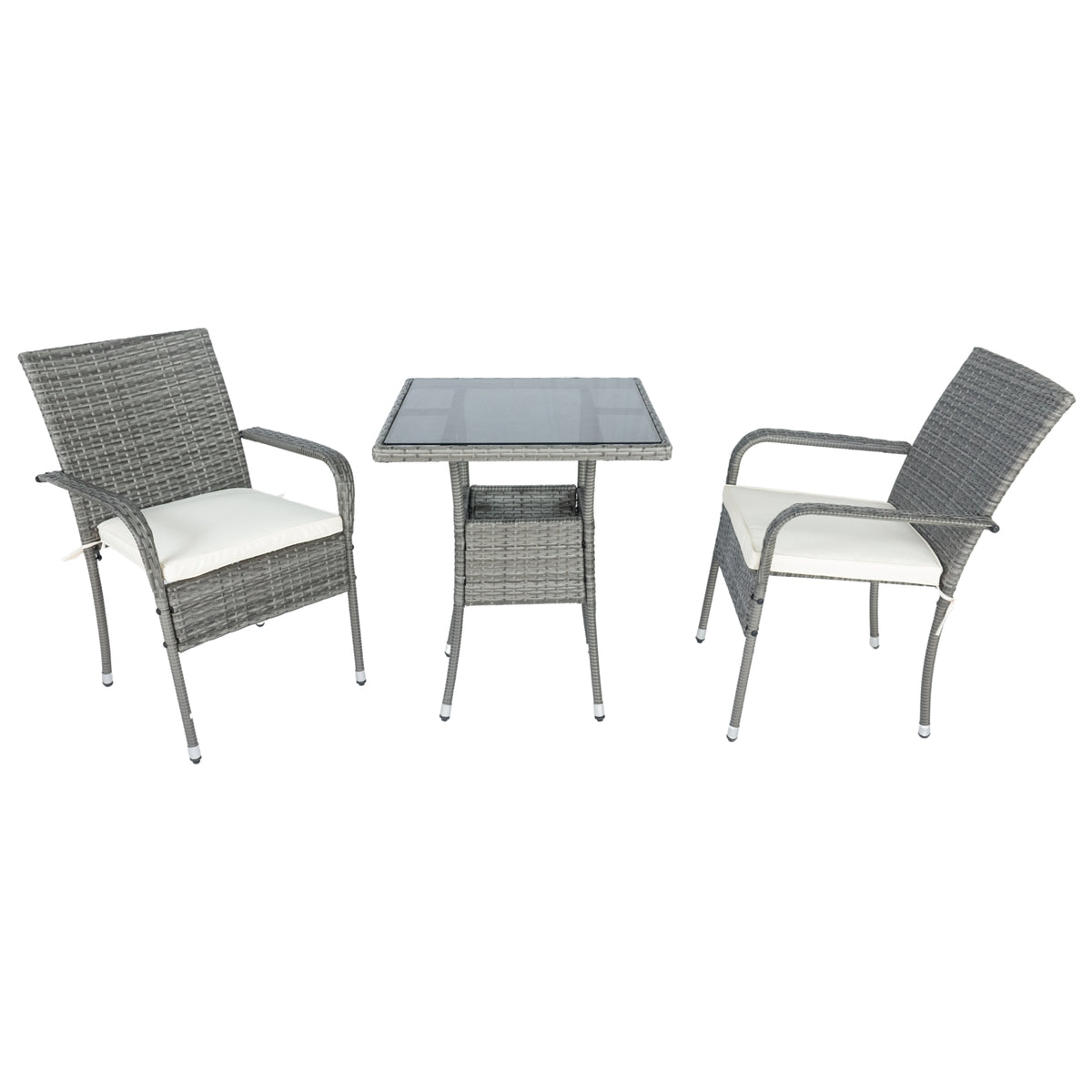 3-piece grey wicker patio set with two armchairs, white cushions, and square glass table