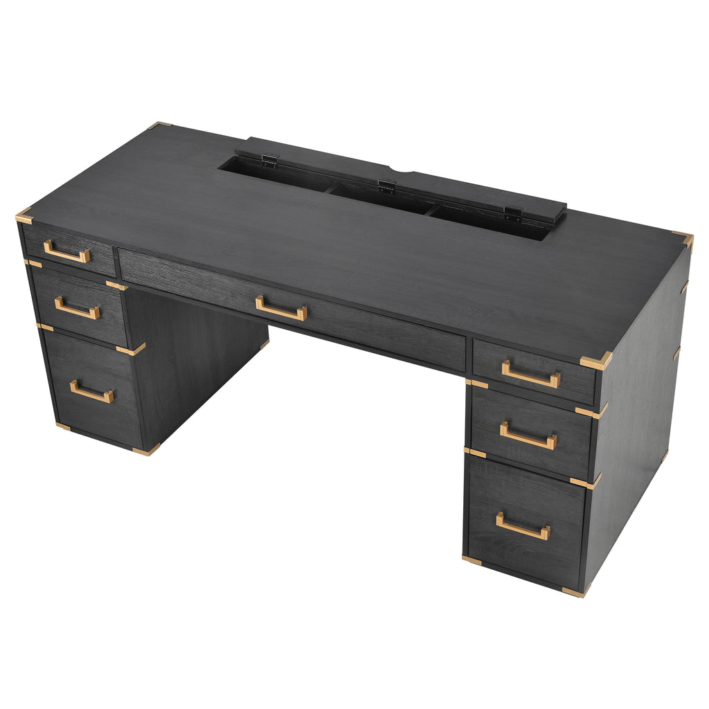 Black L-shaped desk corner view with top opening and drawer storage compartments
