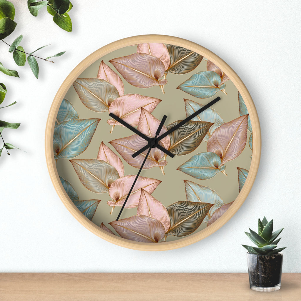 Round wood wall clock with pastel leaf dial and black clock hands