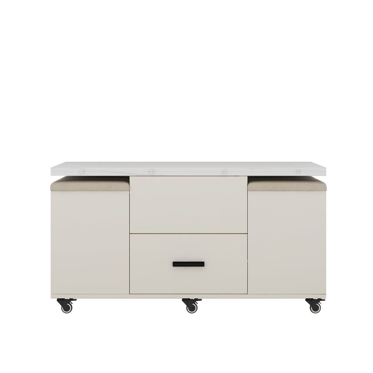White lift-top coffee table with central drawer and side cabinet doors on caster wheels