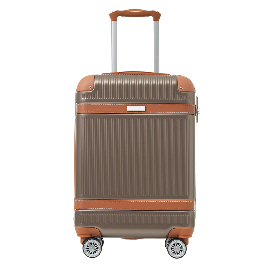 Rear view of coppery carry-on suitcase with top handle and four spinner wheels