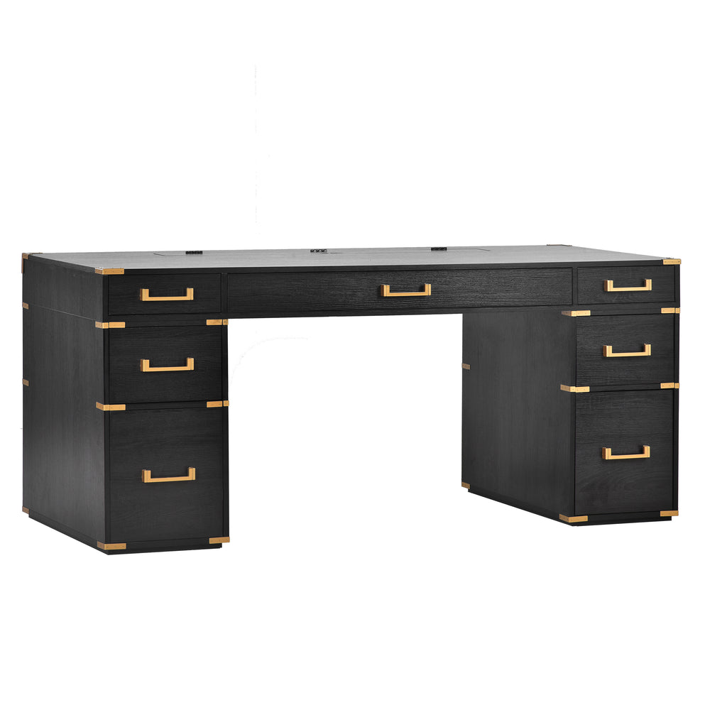Black desk with two pedestals and drawer fronts, gold metal handle trim