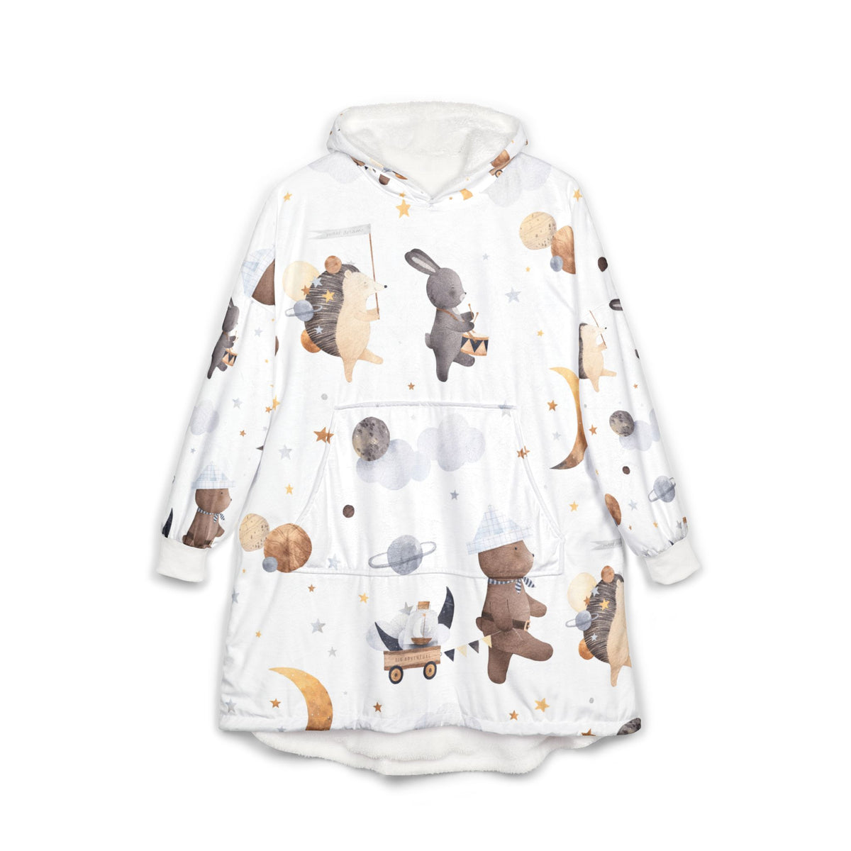 White unisex hooded blanket with space-animal print and long sleeves