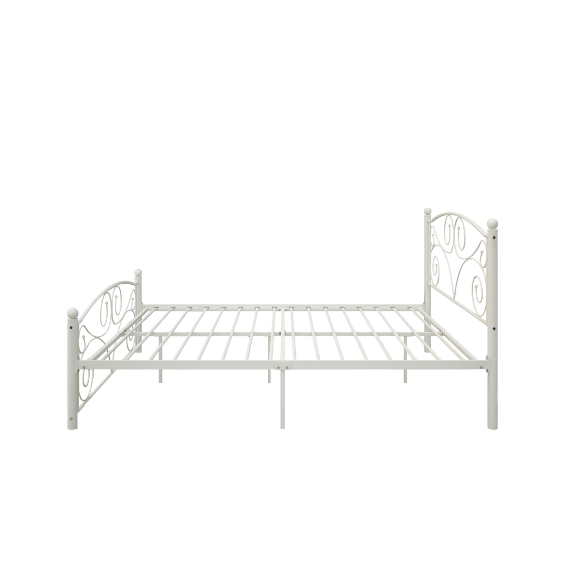 White metal bed frame with wire slat base and decorative end panels