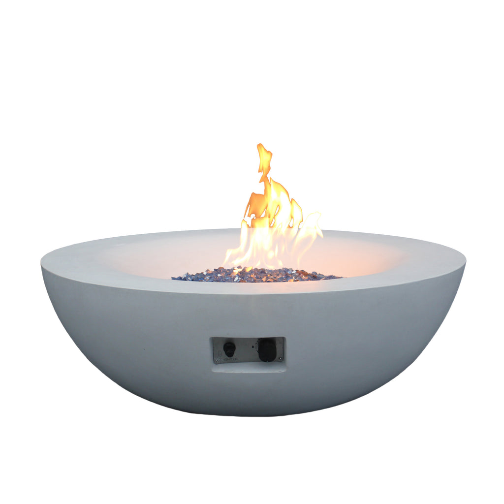 Antique white concrete propane fire pit bowl with flames and front control opening