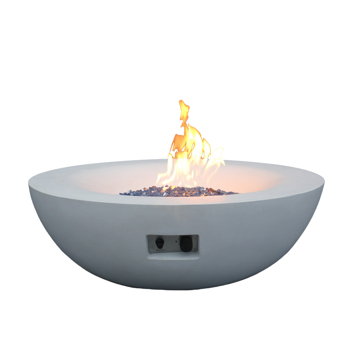 Antique white concrete propane fire pit bowl with flames and front control opening