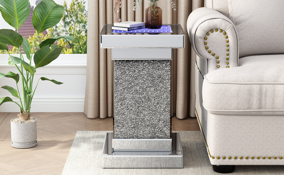 Silver square mirror coffee table with LED-lit shelf and sparkly glass panel sides