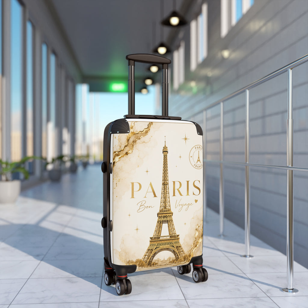 Cream Paris print hard-shell suitcase on small wheels with extendable top handle