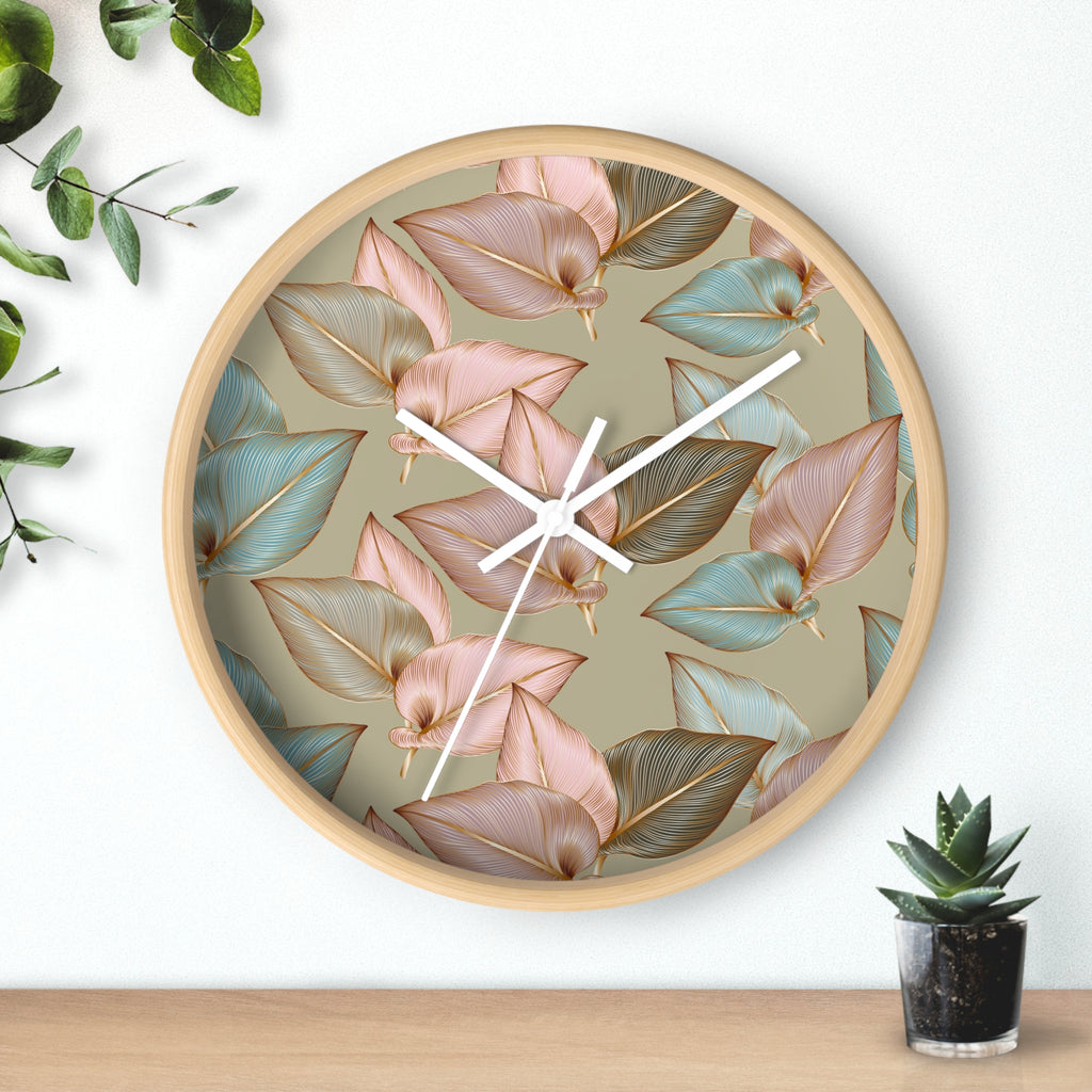 Round wood wall clock with pastel leaf dial and white clock hands
