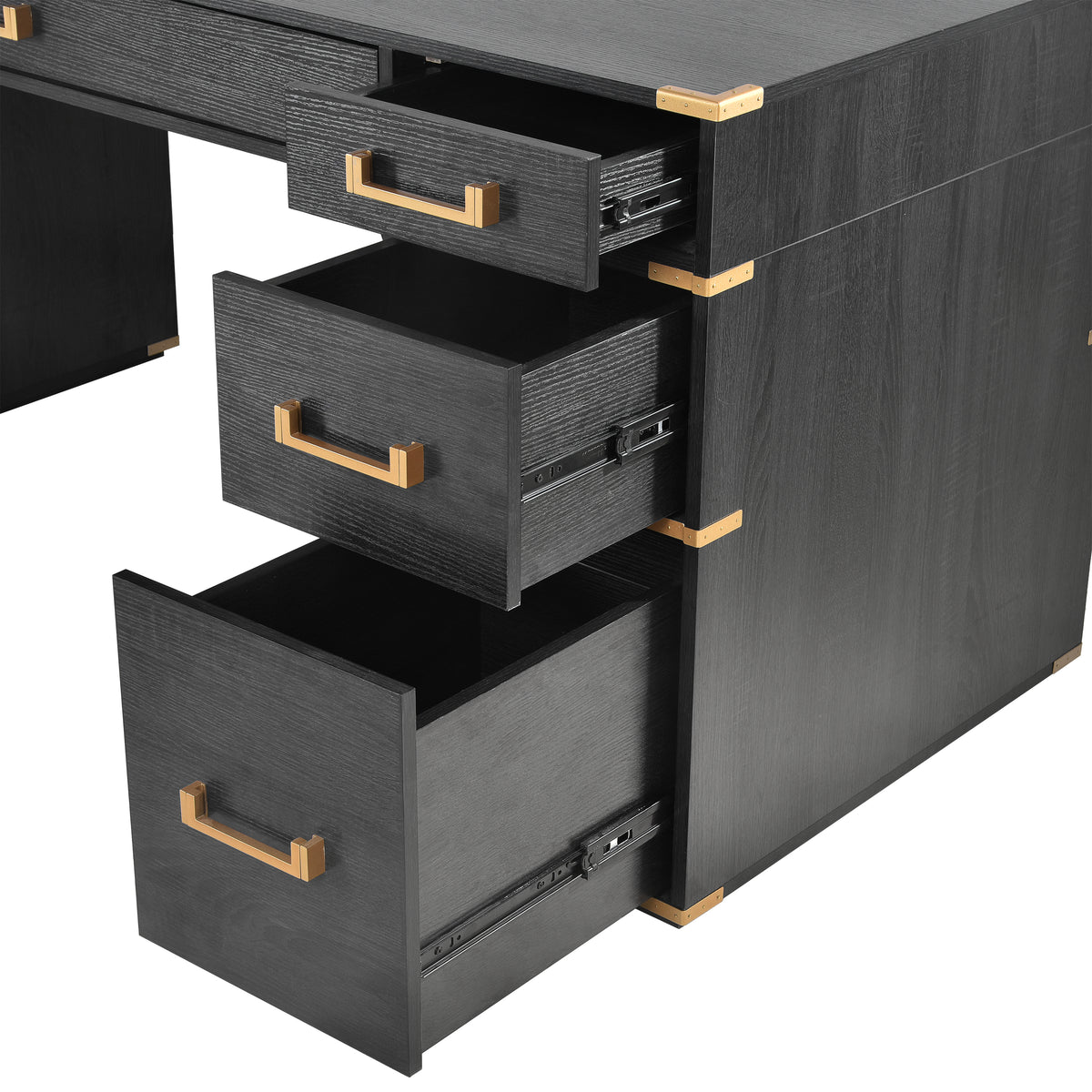 Black filing drawer tower with gold handles and extended drawer compartments