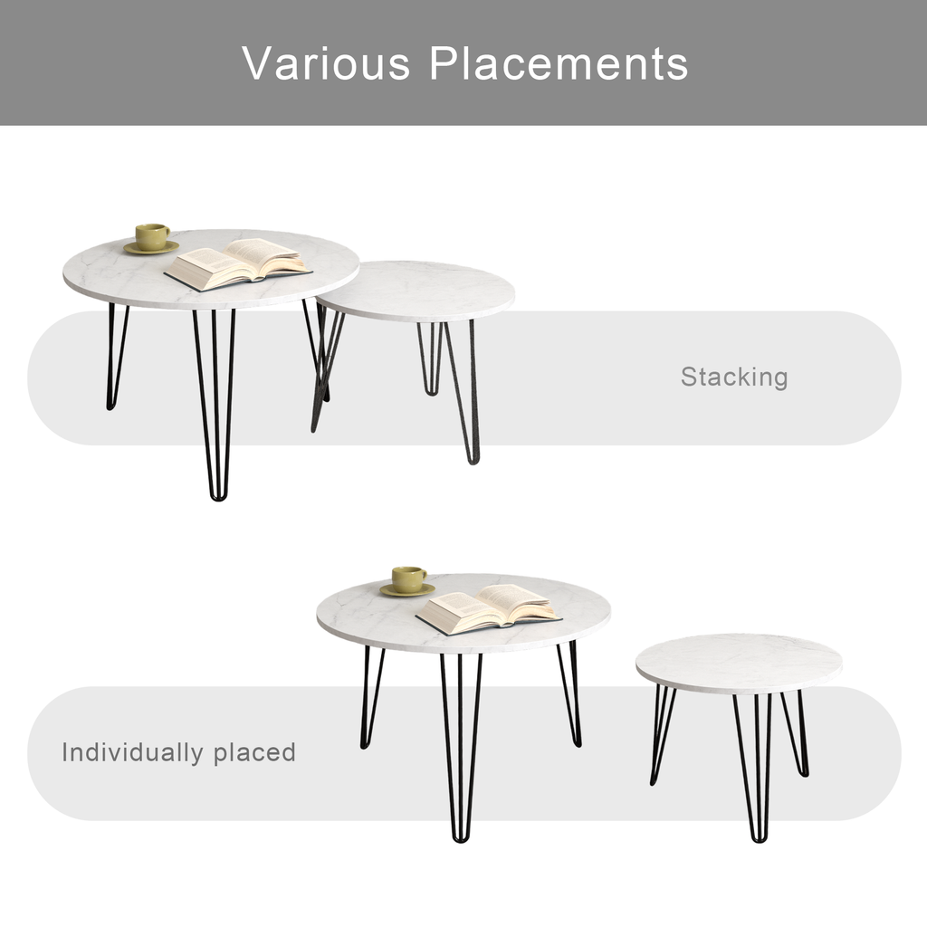 Round nesting coffee table set of 2 with white tops for stacking and separate placement