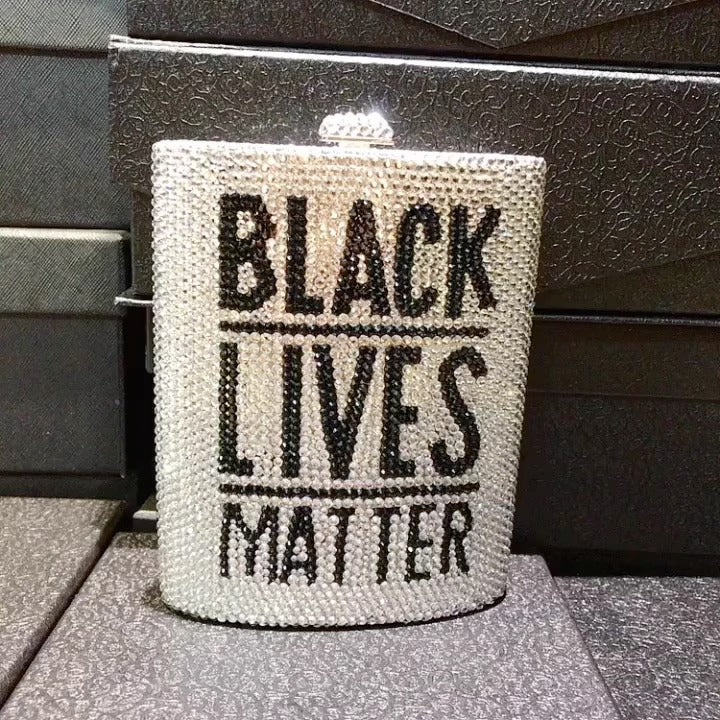 Silver rhinestone dinner bag with BLACK LIVES MATTER letter design, metal box shape