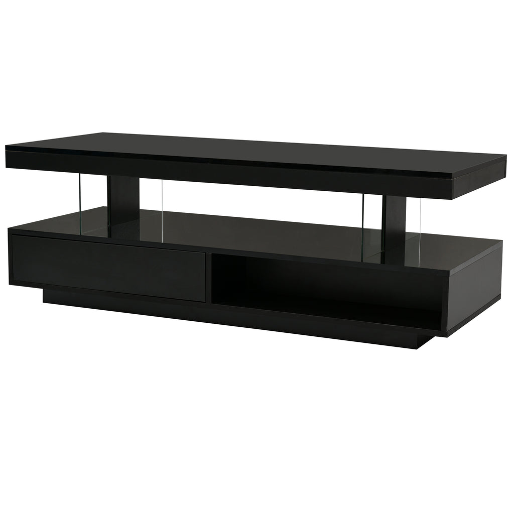 Black coffee table with two drawers and visible interior storage under the tabletop.