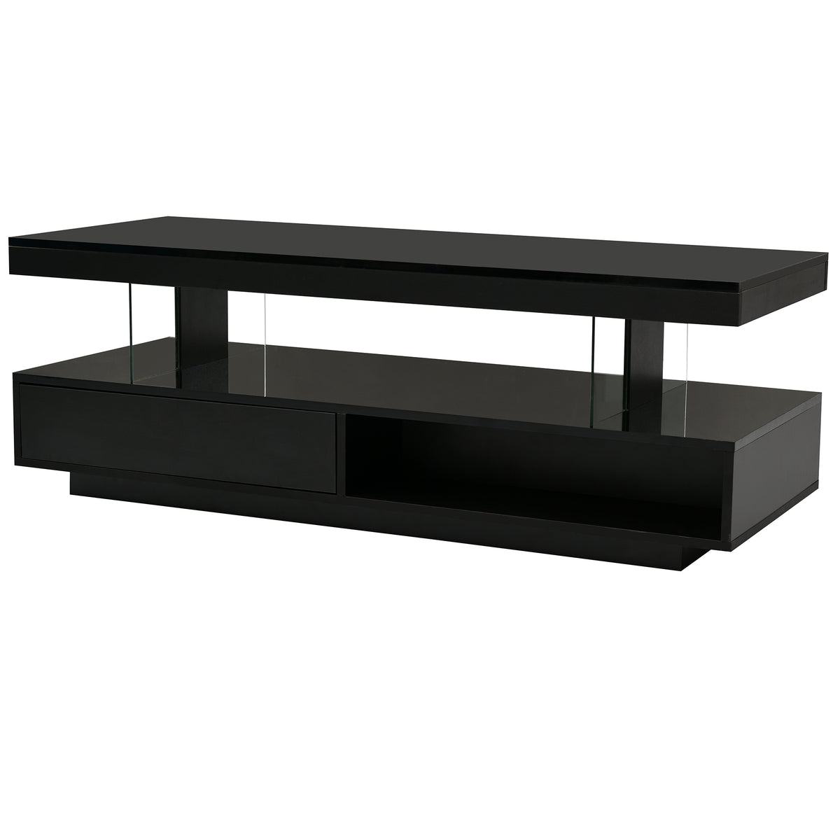 Black coffee table with two drawers and visible interior storage under the tabletop.