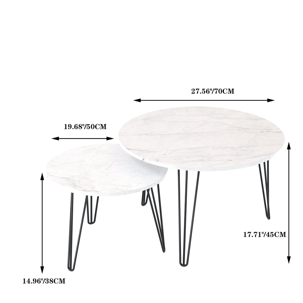 Round nesting coffee table set of 2 with white marble-look tops and black metal legs
