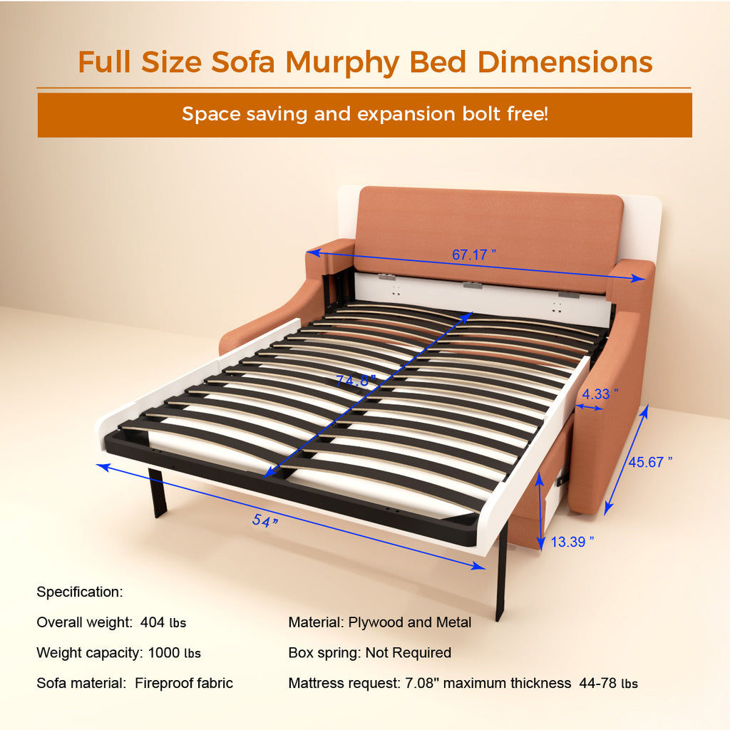 Full size Murphy bed sofa base with pull-out slat platform and orange-brown upholstery