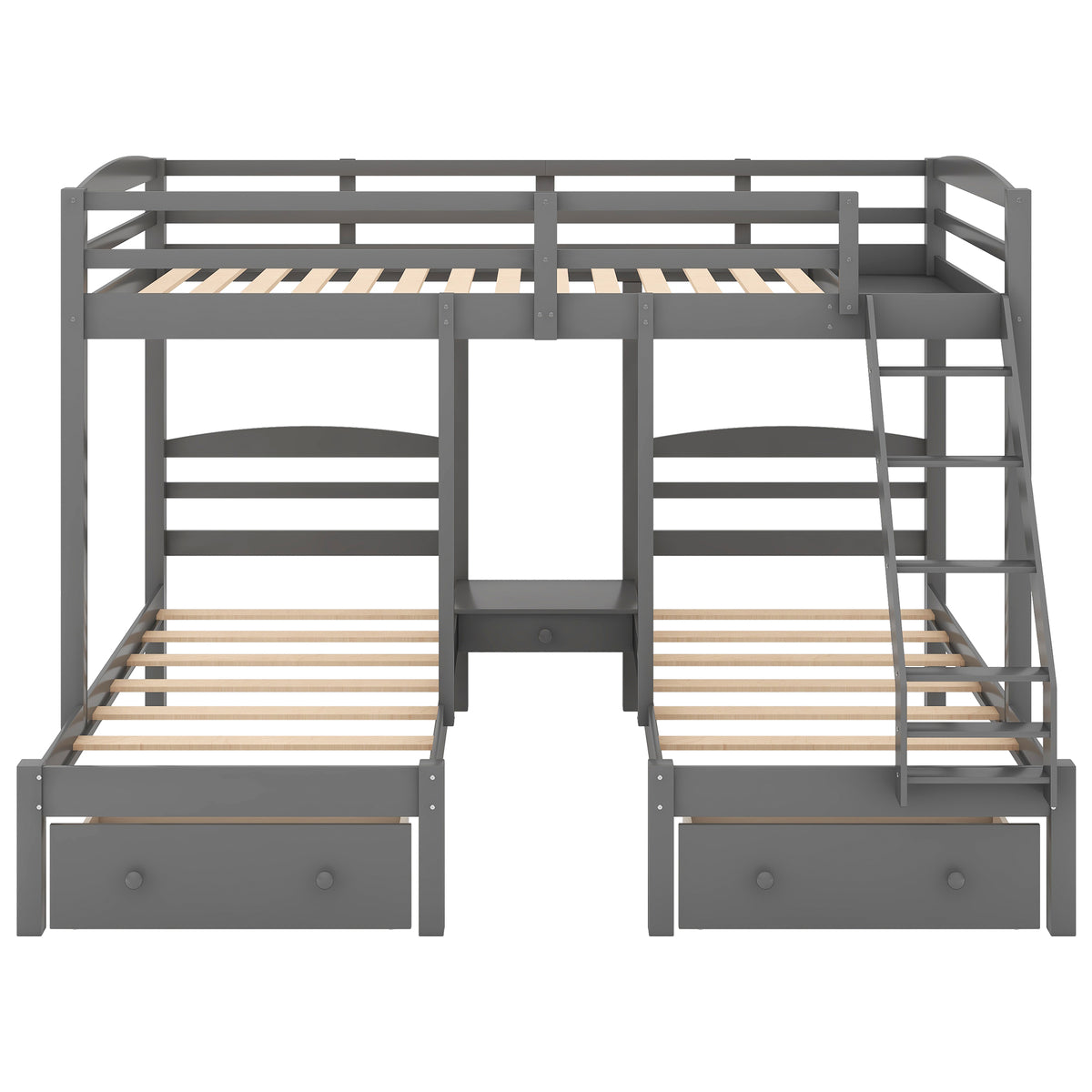 Gray triple bunk bed frame with mattress slats, ladder access, and drawer fronts